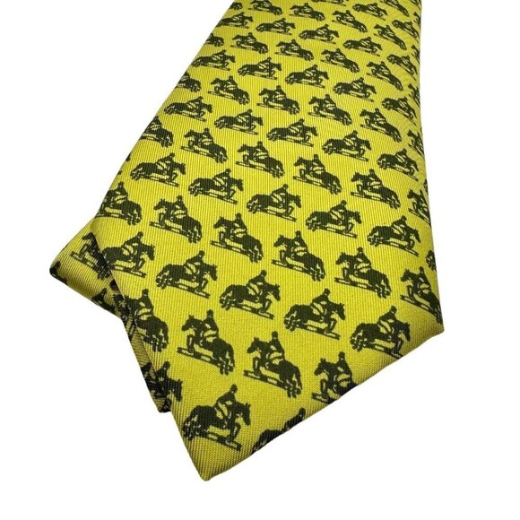 Hermés Paris Men's Vintage Horses Print Yellow Tie 100% Silk - Picture 2 of 6